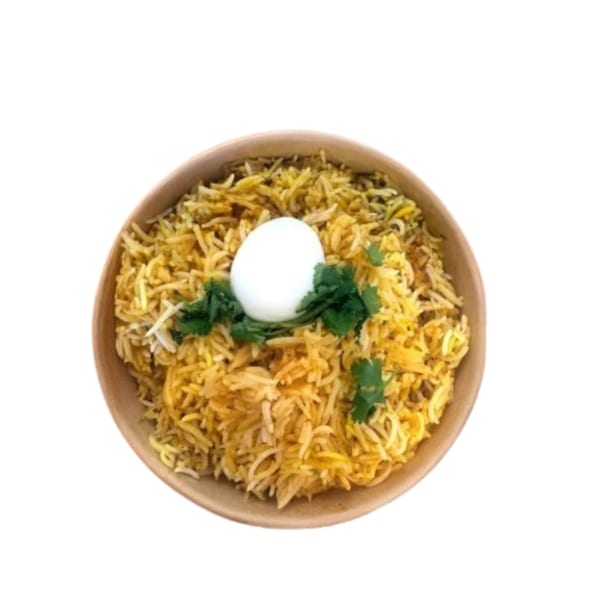 Hyderabad No1 Biryani with a boiled egg and cilantro garnish in a brown bowl.